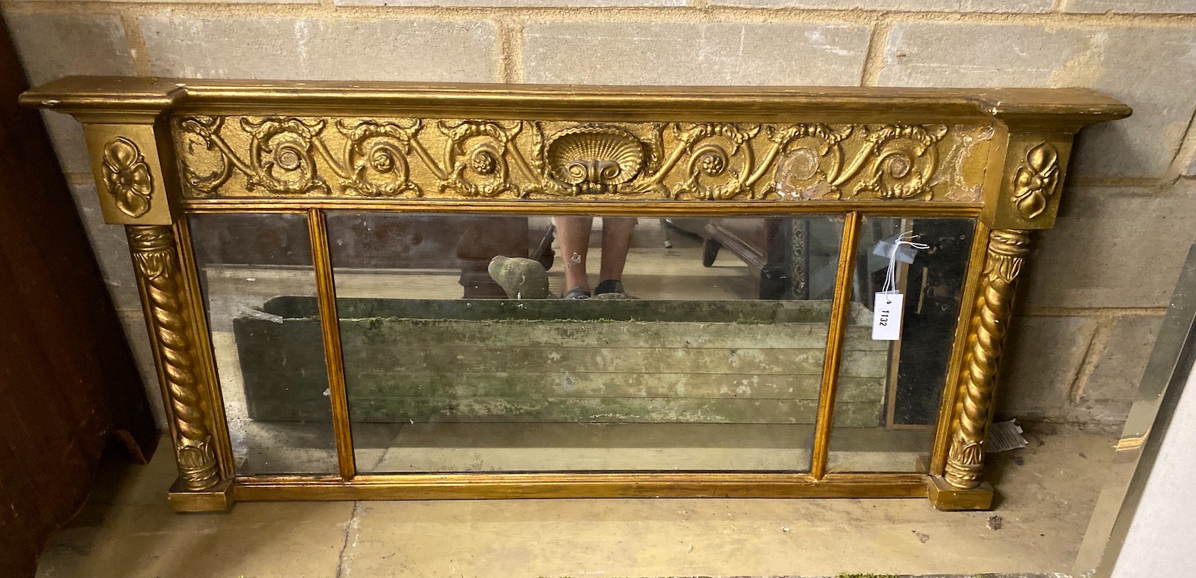 A Regency giltwood and gesso triple overmantel mirror, width 130cm, height 64cm